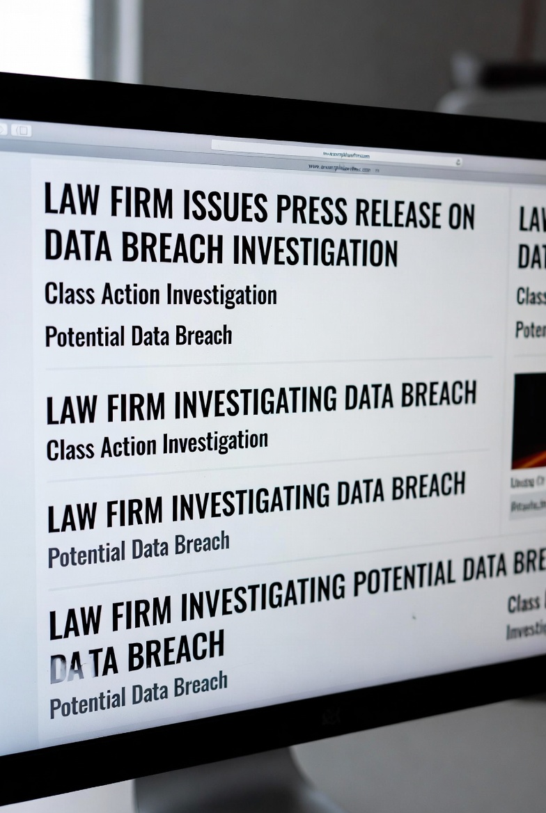 A computer screen displaying multiple press release headlines about data breach investigations from plaintiff law firms, illustrating the rapid solicitation campaigns that follow major data breaches.