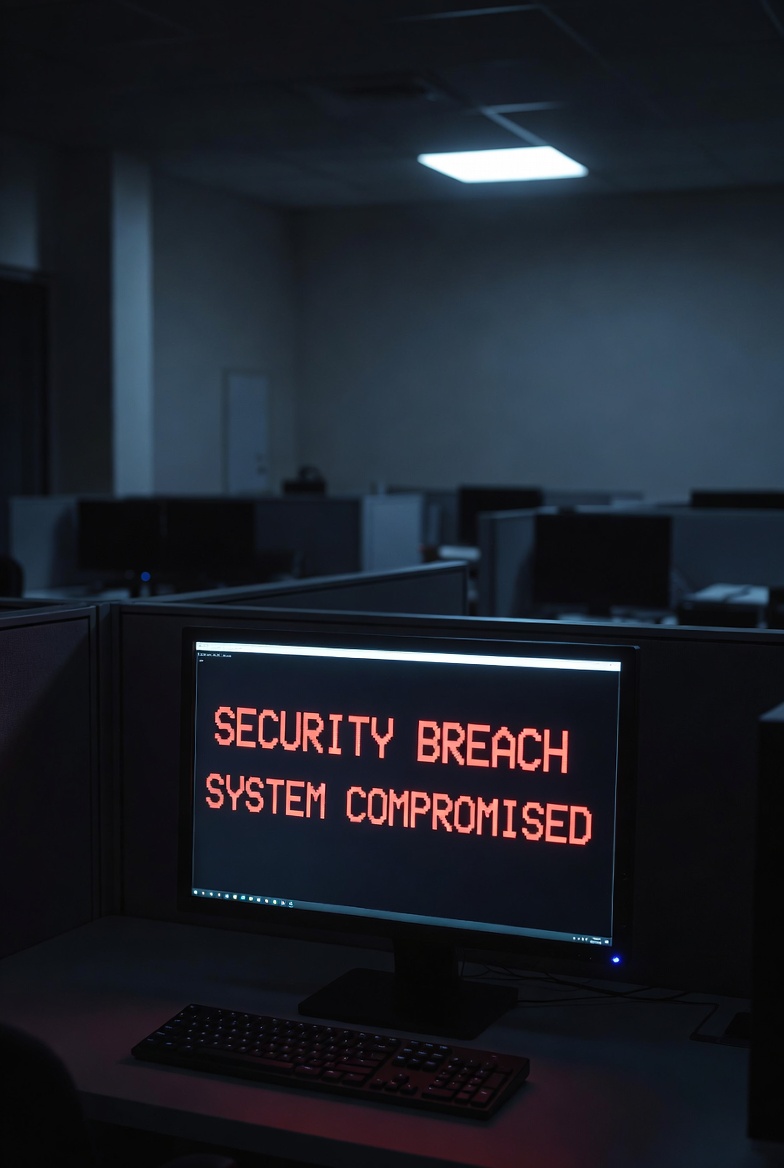 A darkened corporate office at night with a single computer monitor displaying a red warning screen, suggesting a cybersecurity breach in progress